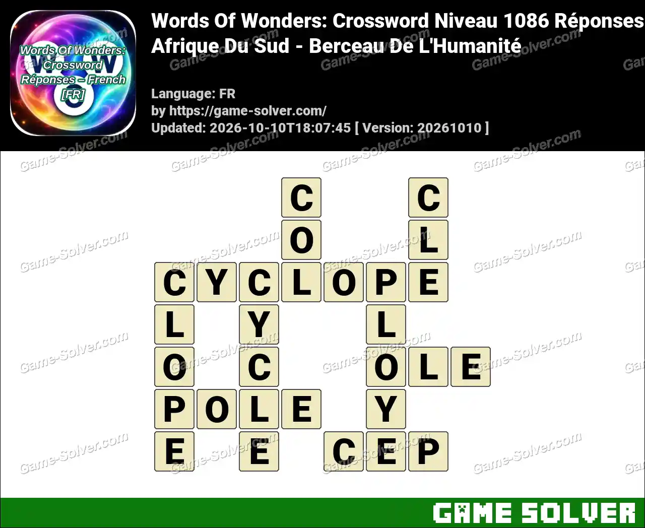 Words Of Wonders: Crossword Niveau 1086 Réponses – Afrique Du Sud – Berceau De L’Humanité
